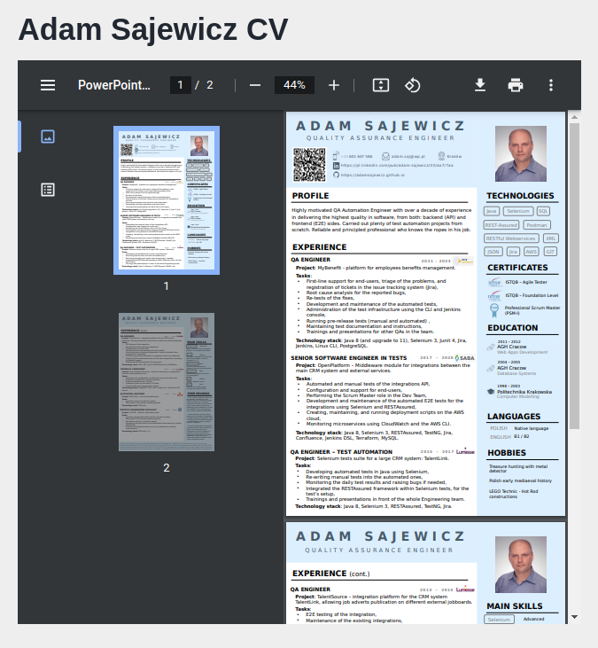 Adam Sajewicz detailed CV in pdf format